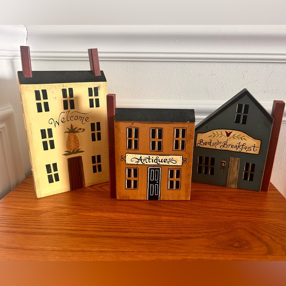 Lot of 3 Bob Huffman Wood Folk Art Village Buildings-2002 Signed